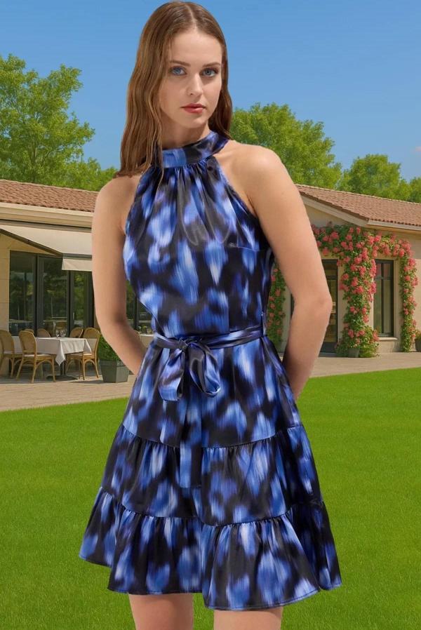 Kadın Çiçek Desenli Halter Yaka Mini Saten Elbise Yazlık Günlük Premium Kalite Mükemmel Uyum - Image 1