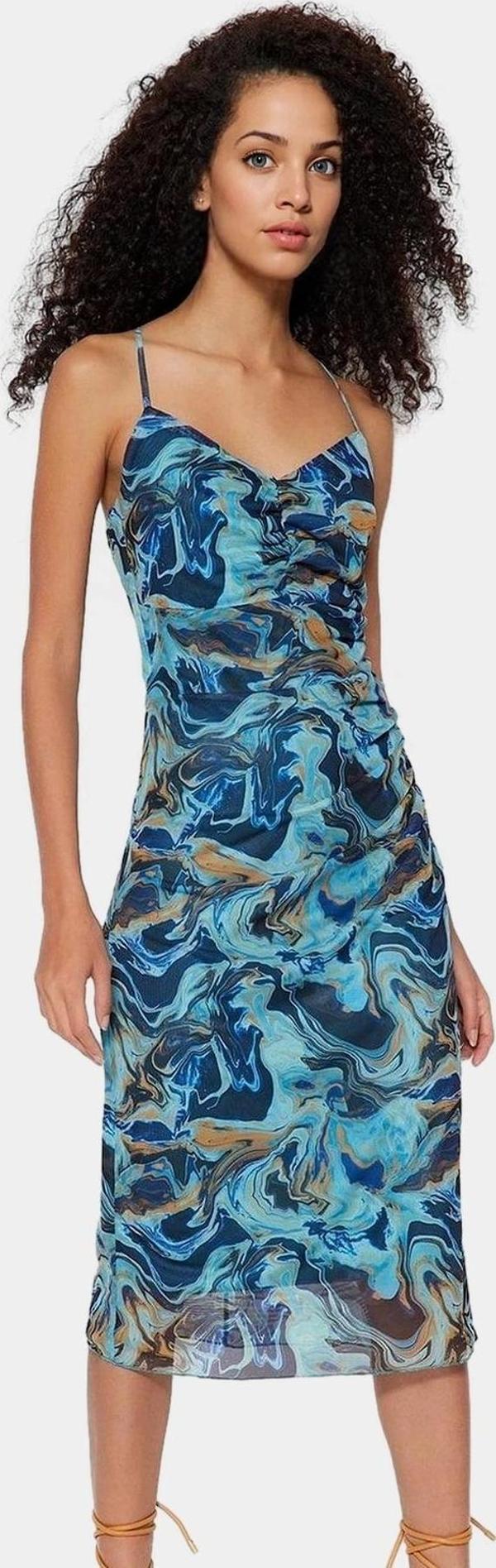 Şık Desenli Bodycon Midi Elbise İnce Askılı Örme Tül Kumaş Profesyonel Görünüm - Image 1