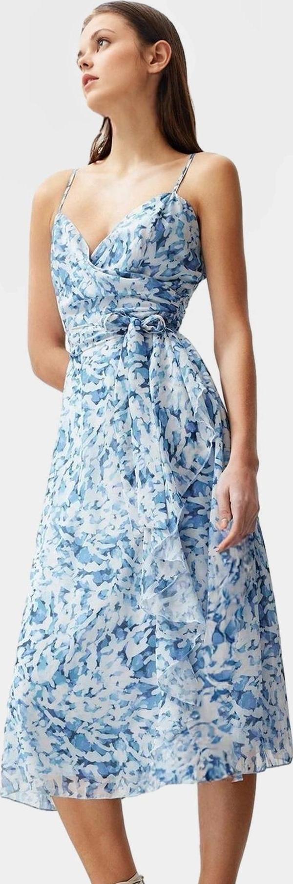 Şifon Astarlı Midi Elbise V Yaka A line Desenli Yazlık Özel Tasarım Trend Şık Görünüm - Image 1