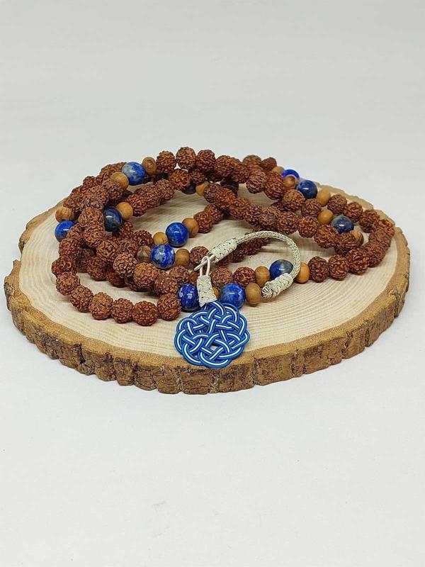 Rudraksha Tohumlu Lapis Taşlı 108'lik El Yapımı Bakır Kazazlı Mala Kolye - Image 1