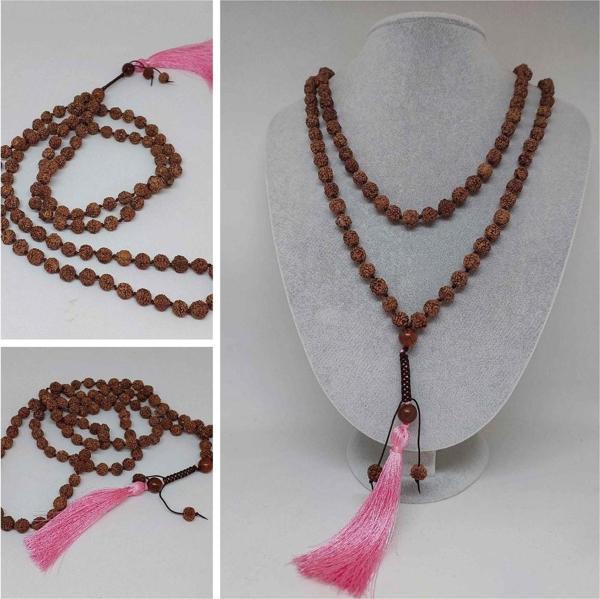 Rudraksha Tohumlu Pembe Püsküllü 108'lik Ara Düğümlü el Yapımı Mala Kolye - Image 1