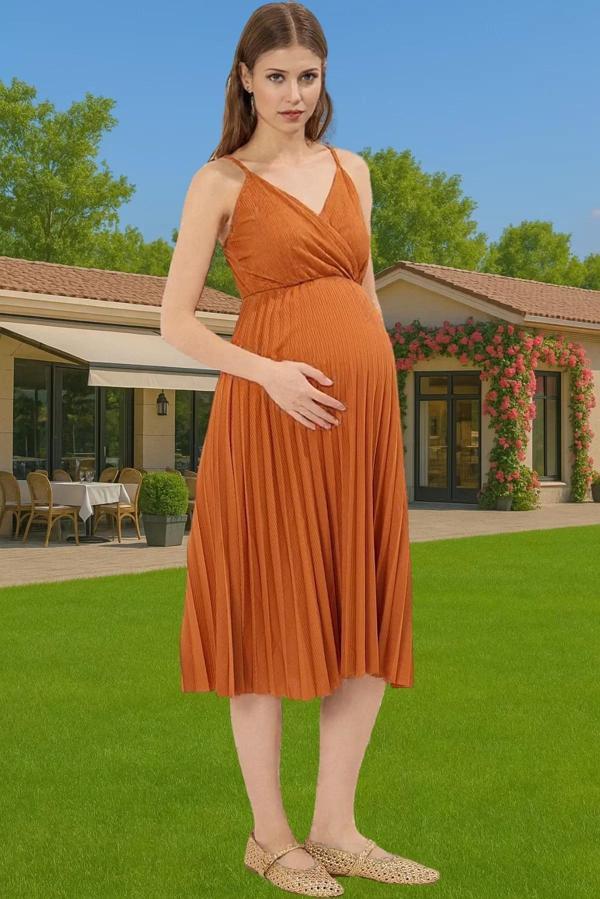 Pileli Midi Elbise Polyester Örme Yazlık Günlük Şık Özenle Seçilmiş Modern Stil Zarifane Tasarım - Image 1