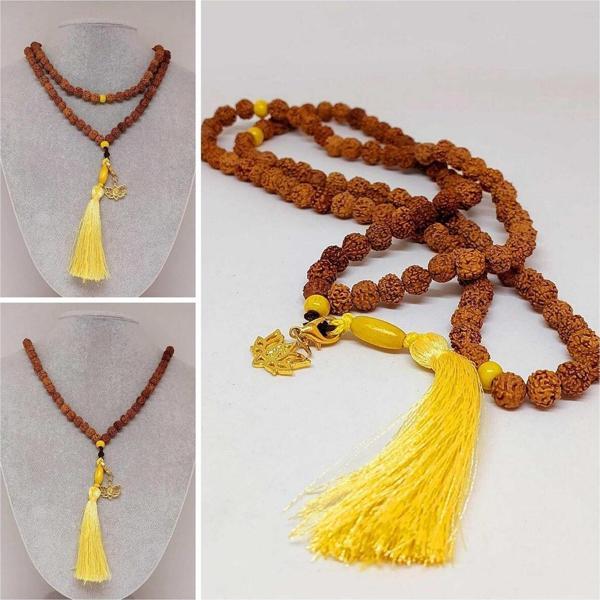 Rudraksha Tohumlu Sarı Püsküllü Lotus Aparatlı 108'lik Tibet Stili El Yapımı Mala Kolye - Image 1