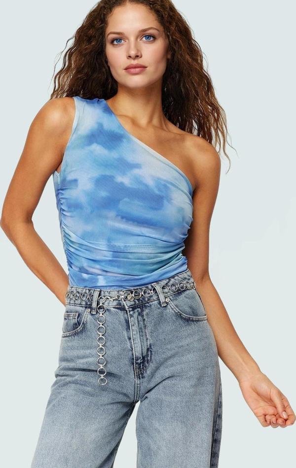 Çiçekli Tek Omuzlu Fitted Tül Bluz Esnek Örme Yazlık Günlük Uzun Ömürlü Yüksek Kalite - Image 1