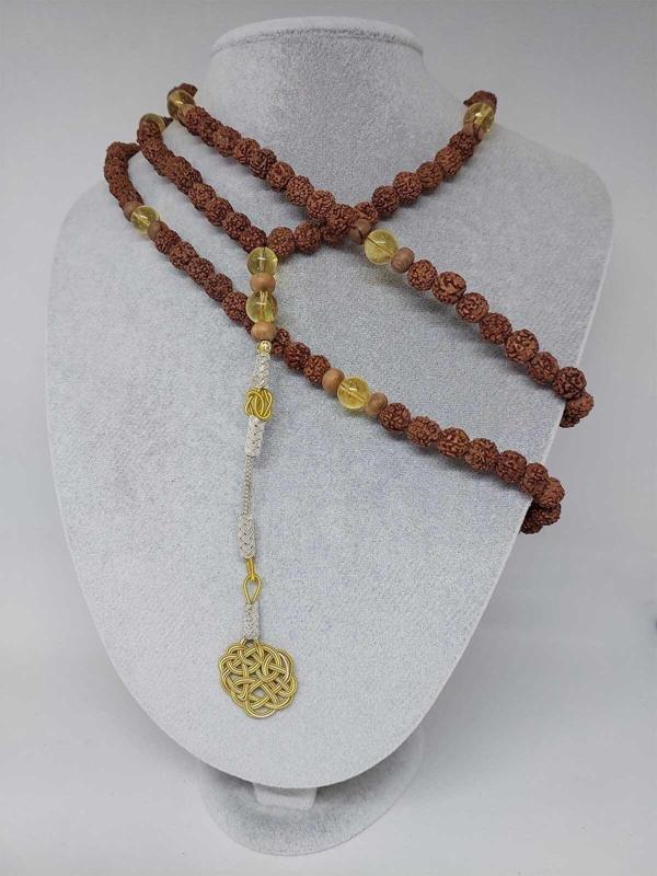 Rudraksha Tohumlu Sitrin Taşlı 108'lik El Yapımı Bakır Kazazlı Mala Kolye - Image 1