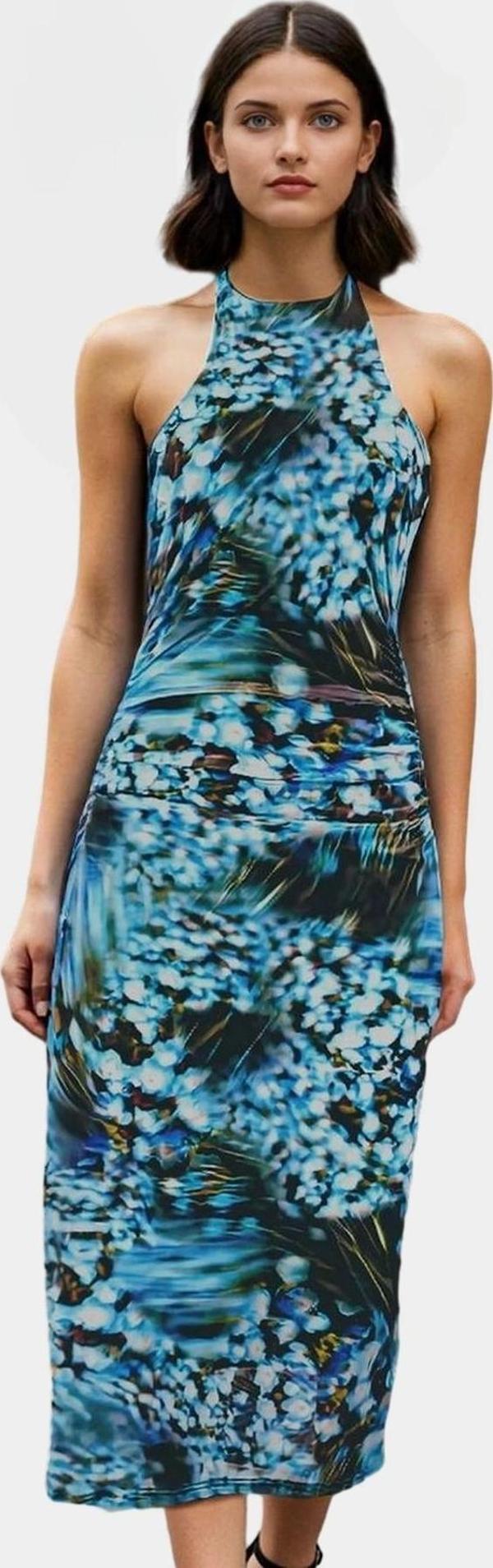 Maxi Leopar Desenli Bodycon Elbise 95% Polyester Astarlı Boyundan Bağlamalı Şık Görünüm - Image 1