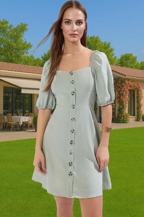 Kadın Mini A Kesim Balon Kollu Yazlık Pamuklu Elbise Mükemmel Uyum Seçkin Malzeme Premium Kalite - Image 1