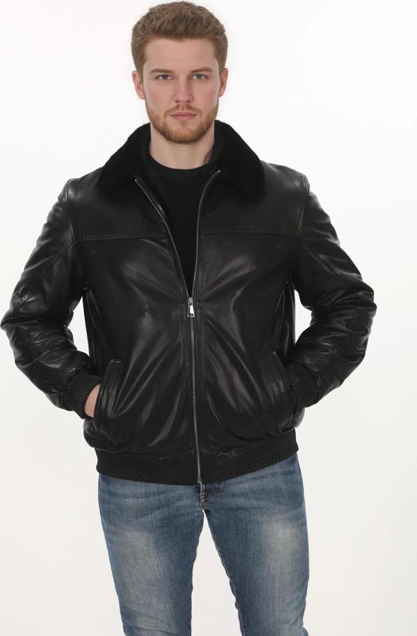 Erkek Kış Tarz Derimont Ceket Siyah Hakiki Kuzu Derisi Bomber Model Erkek Mont - Image 1