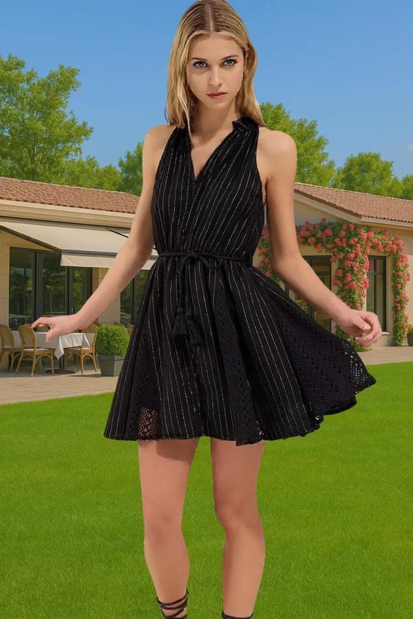 Yazlık Kadın Mini Plaj Elbise Halter Yaka Müslin Dokuma Özel Tasarım Trend Tasarım Uzun Ömürlü - Image 1