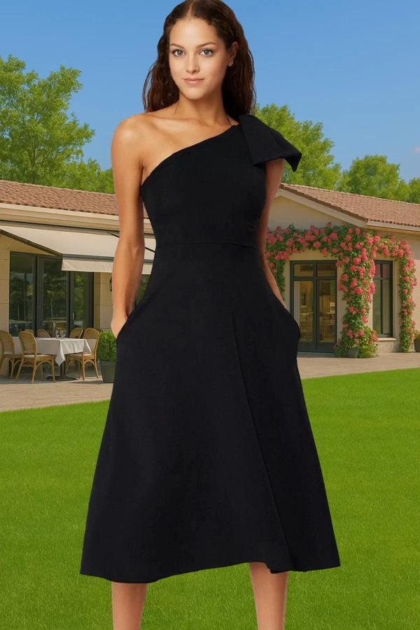 Asimetrik Yaka Tek Kol Midi Boy A Kesim Fiyonklu Dokuma Abiye Elbise Trend Tasarım Uzun Ömürlü - Image 1