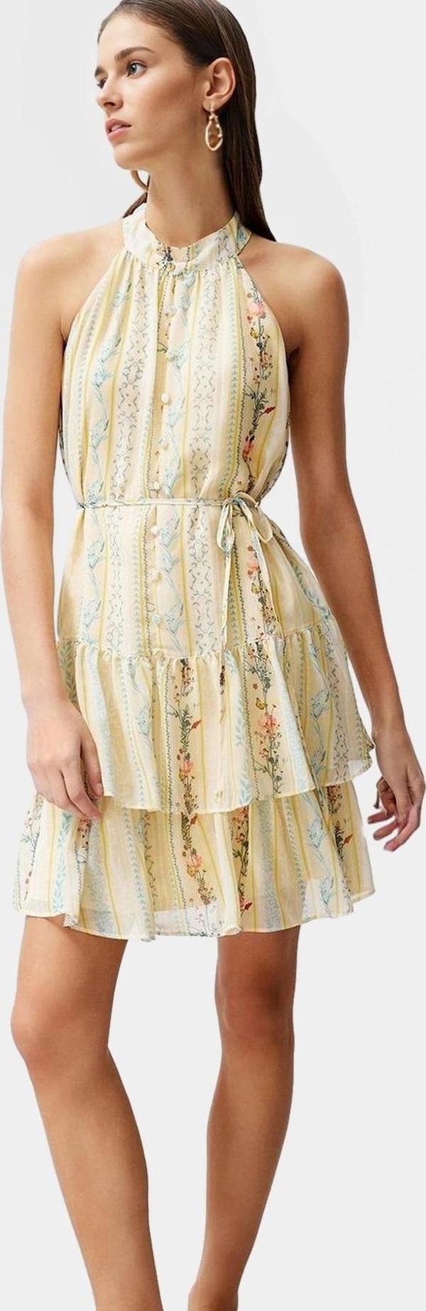 Çiçekli Desenli Halter Yaka Mini Elbise Hafif Polyester Kumaş Yazlık Günlük Şık Görünüm - Image 1