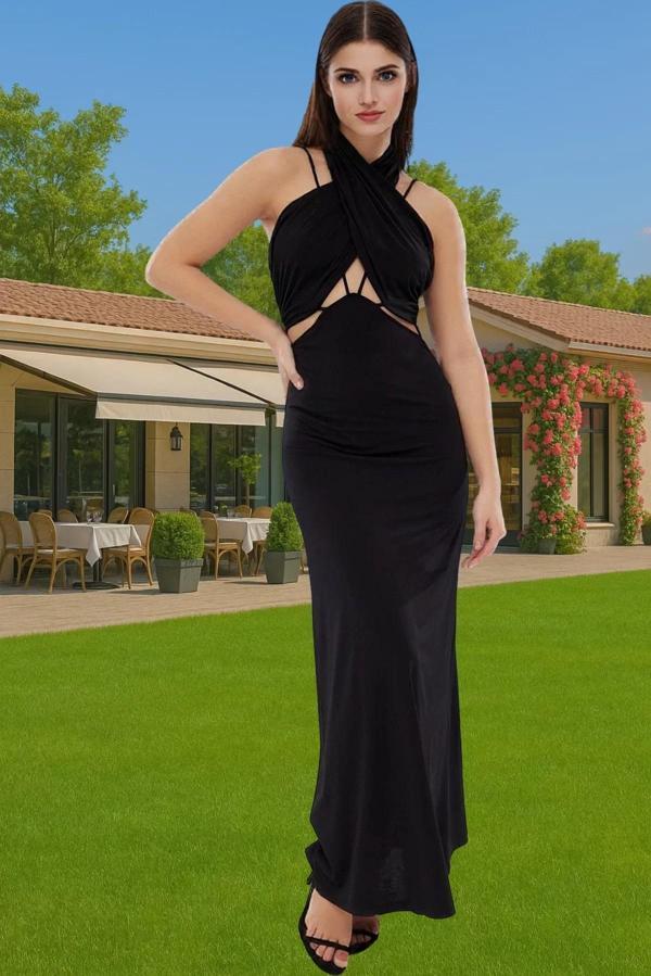 Örme Abiye Elbise Halter Yaka Midi Boy Polyester Karışımlı Yazlık Mükemmel Uyum Özenle Seçilmiş - Image 1