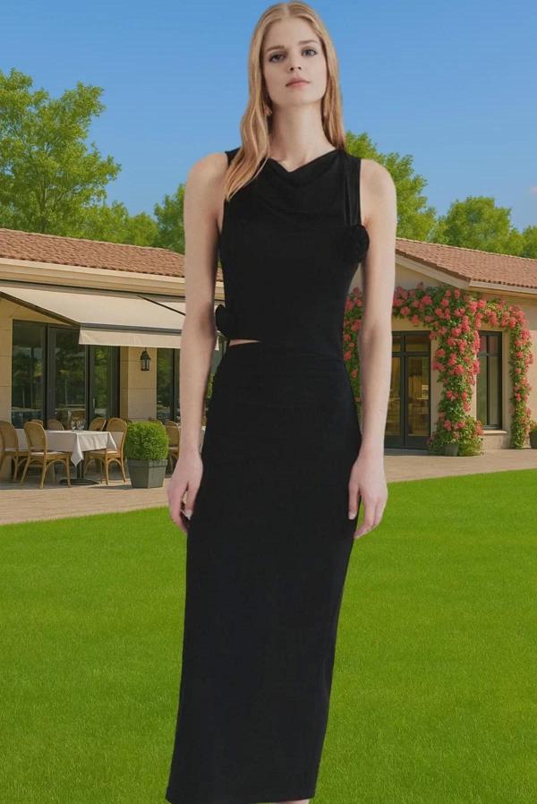 Şık Gül Detaylı Örme Abiye Elbise Yaz Mezuniyet Balo Uzun Ömürlü Seçkin Malzeme Özel Tasarım - Image 1