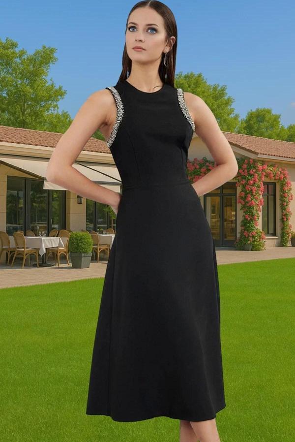 A Kesim Taş Detaylı Dokuma Midi Abiye Elbise Mükemmel Uyum Özenle Seçilmiş Modern Stil - Image 1