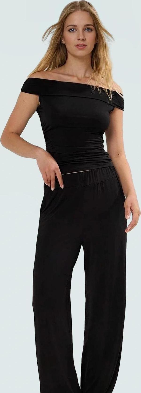 Şık Carmen Yaka Örme Bluz Pantolon Takım Rahat Günlük Stil Profesyonel Görünüm Dayanıklı Malzeme - Image 1