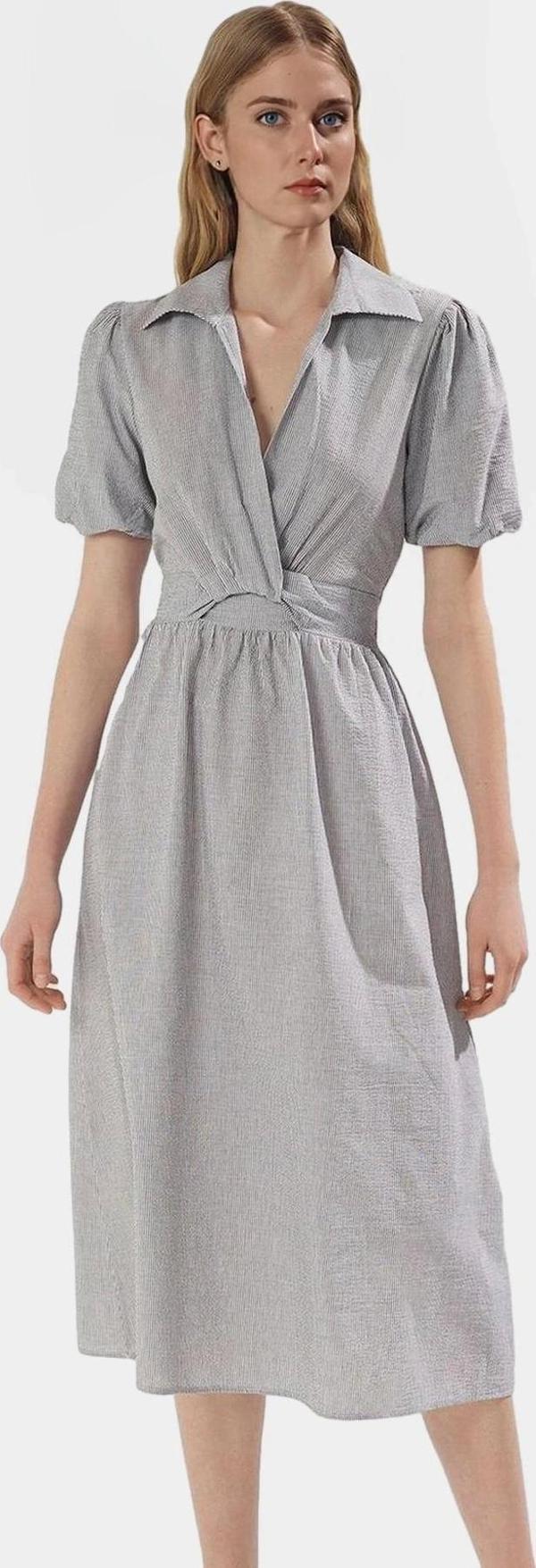 Şık Çizgili Midi Elbise Rahat Dokuma Pamuklu Kumaş Gömlek Yaka Skater Kalıp Konforlu Kesim - Image 1