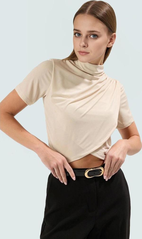 Kadın Kısa Kollu Örme Crop Bluz Dik Yaka Şık Yazlık Rahat Ve Dayanıklı Malzeme - Image 1