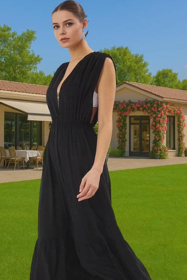 Maxi Viskoz Dokuma Büzgü Detaylı Plaj Elbisesi Yazlık Özenle Seçilmiş Kaliteli İşçilik - Image 1