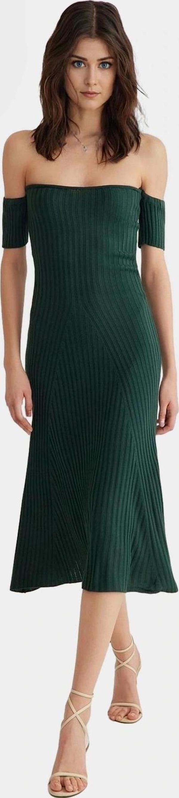 Şık Midi Boy Triko Elbise Carmen Yaka A Line Günlük Özenle Seçilmiş Profesyonel Görünüm - Image 1