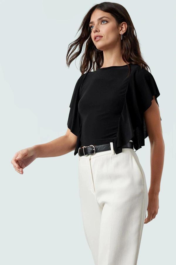 Kadın Bisiklet Yaka Kısa Kollu Örme Bluz Crop Kaliteli İşçilik Modern Stil Özenle Seçilmiş - Image 1