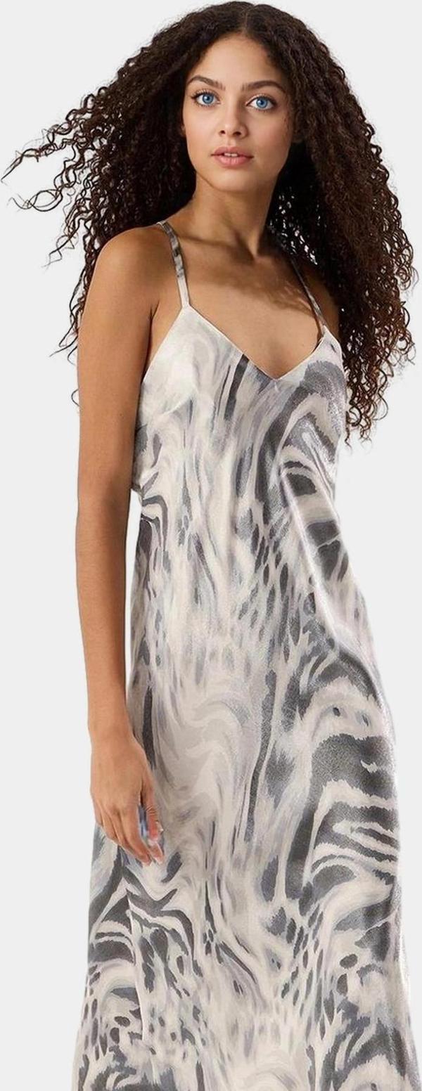 Midi Boy Saten Elbise Soyut Desenli Kolsuz Düz Kesim Polyester Kumaş Rahat Ve Şık - Image 1