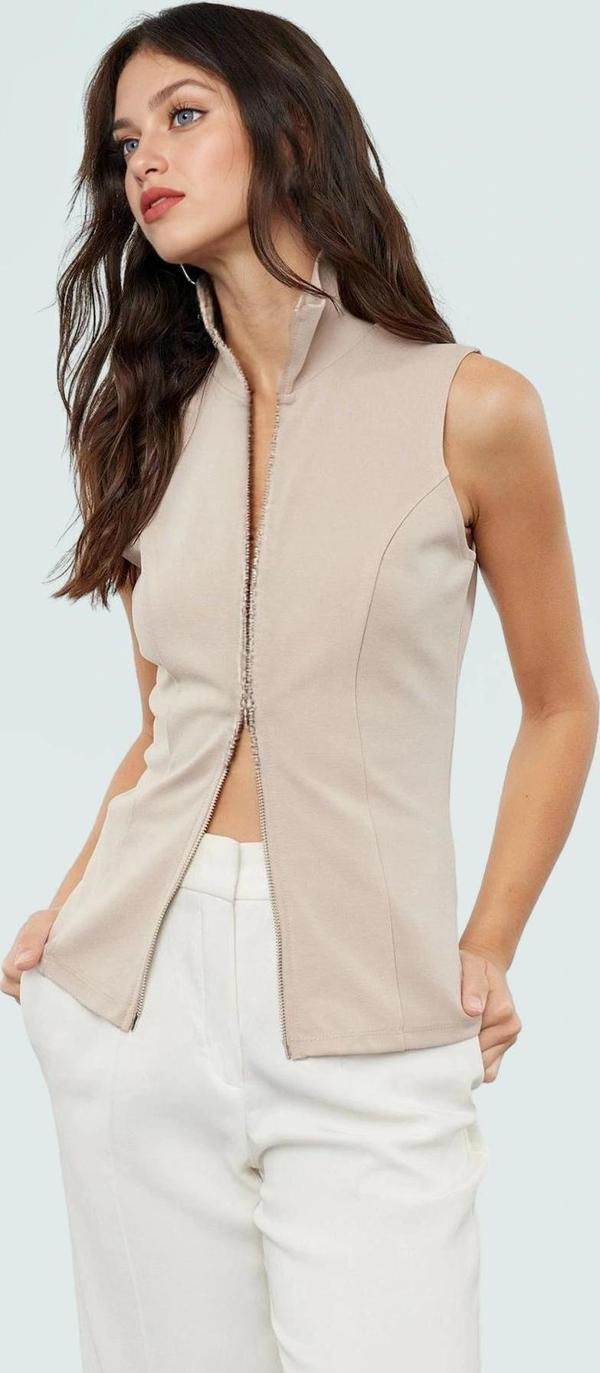 Fitted Dik Yaka Fermuarlı Yazlık Örme Bluz Modern Stil Seçkin Malzeme Zarifane Tasarım - Image 1