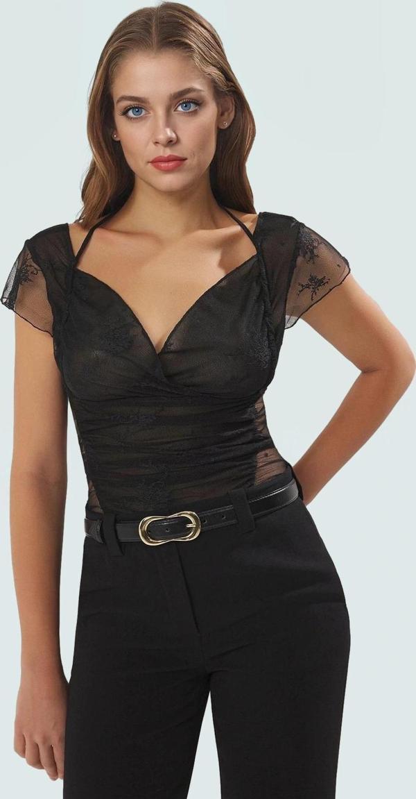 Tül V Yaka Fitted Bluz Esnek Örme Yazlık Günlük Trend Tasarım Mükemmel Uyum Uzun Ömürlü - Image 1