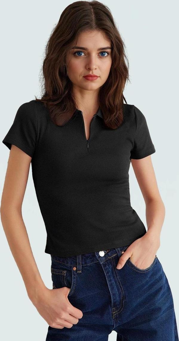 Kadın Fitted Polo Yaka Kısa Kollu Pamuklu Bluz Trend Tasarım Özenle Seçilmiş - Image 1