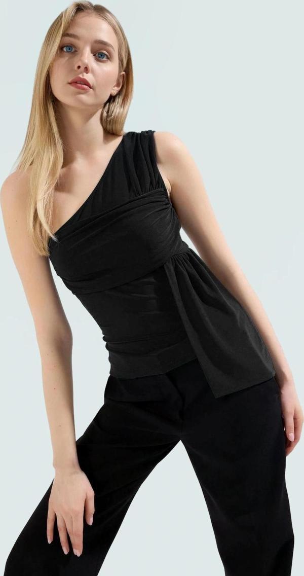 Şık Asimetrik Yaka Fitted Bluz Yazlık Polyester Elastan Kumaş Profesyonel Görünüm - Image 1