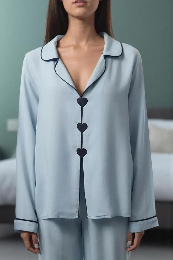 Kadın Şık Rahat Uzun Kollu Boru Paça Kalpli Biyeli Viskon Dokuma Pijama Takımı - Image 1