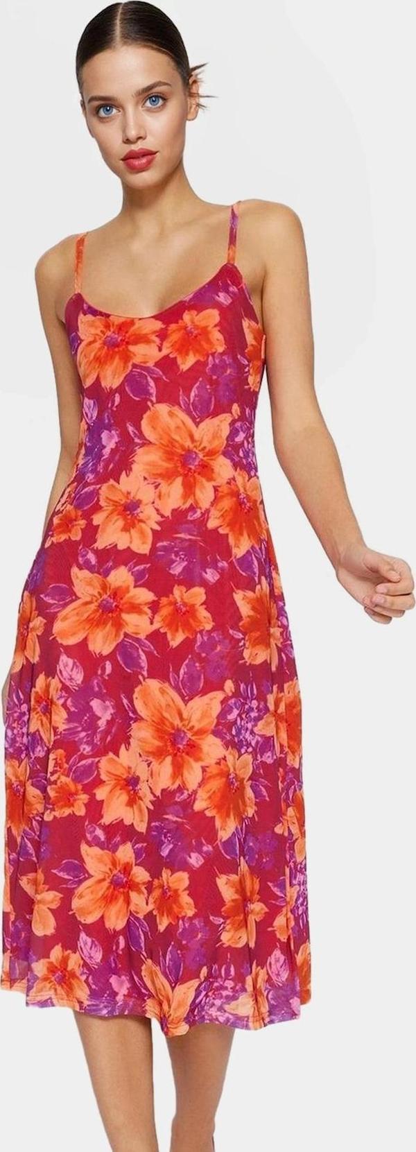 Çiçekli Desenli Midi A line Tül Elbise İnce Askılı Yazlık Günlük Premium Kalite Dayanıklı Malzeme - Image 1