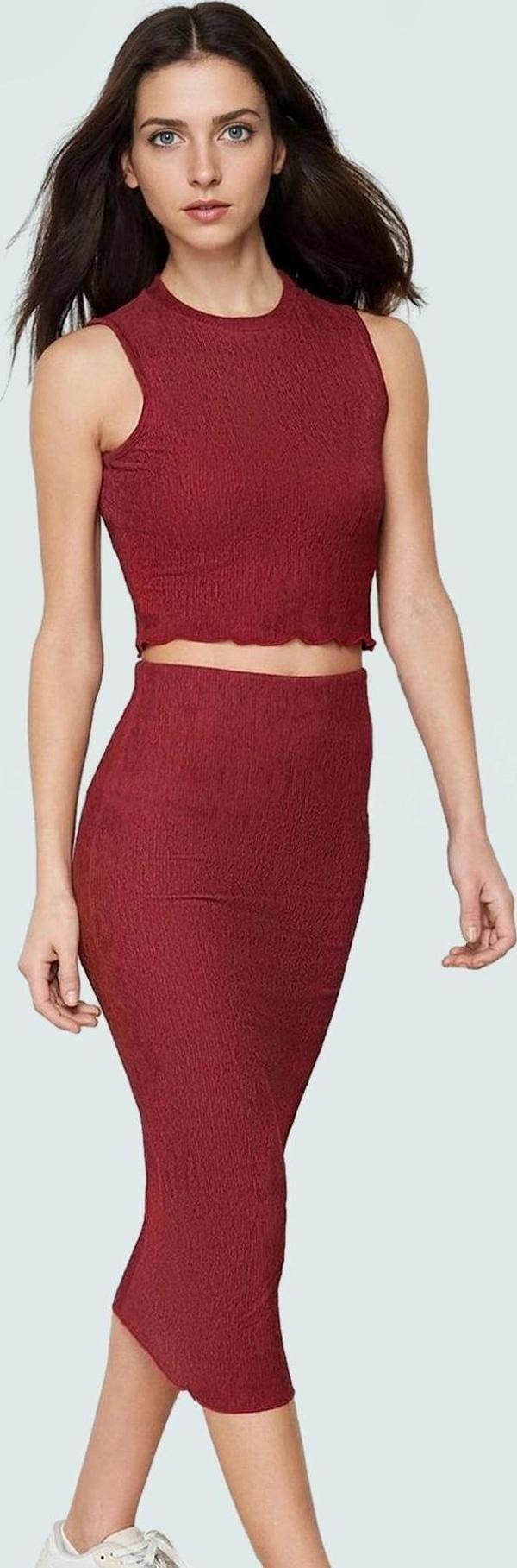 Tarçın Dokulu Fitted Midi Örme Bluz Etek Takım Günlük Stil Yüksek Kalite Seçkin Malzeme Uzun Ömürlü - Image 1