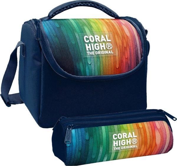 Coral High Erkek Çocuk Lacivert Çok Renkli Çizgi Desenli Thermo Beslenme Çantası ve Üç Bölmeli Kalem Çantası Seti - Image 1