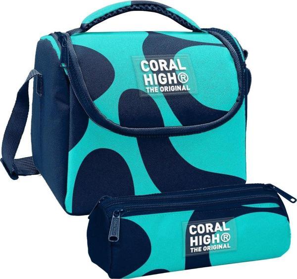 Coral High Erkek Çocuk Lacivert Turkuaz Renkli Çizgili Thermo Beslenme Çantası ve Üç Bölmeli Kalemlik Seti - Image 1