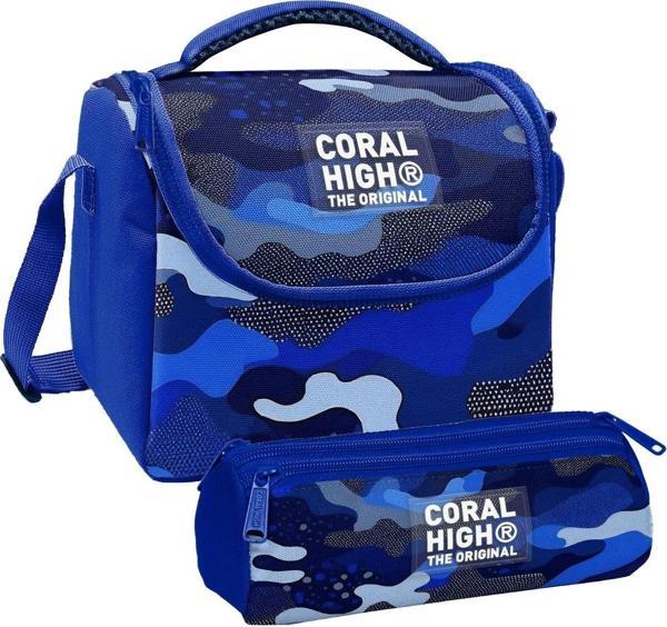 Coral High Erkek Çocuk Mavi Lacivert Kamuflaj Thermo Beslenme Çantası ve Üç Bölmeli Kalem Çantası Seti - Image 1