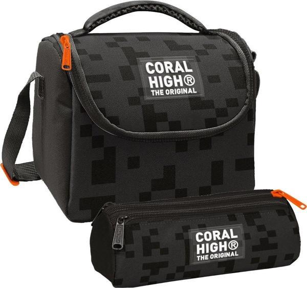 Coral High Erkek Çocuk Siyah Blok Desenli Thermo Beslenme Çantası ve Üç Bölmeli Kalem Çantası Seti - Image 1