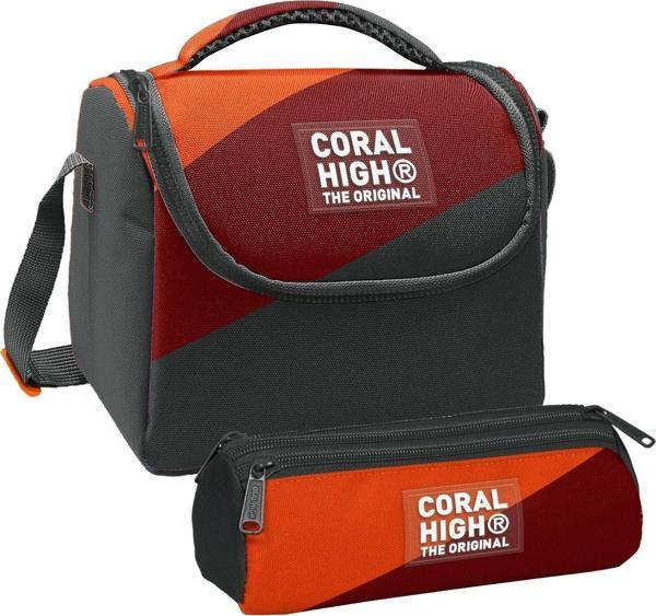 Coral High Erkek Çocuk Turuncu Bordo Gri Renkli Thermo Beslenme Çantası ve Üç Bölmeli Kalem Çantası Seti - Image 1