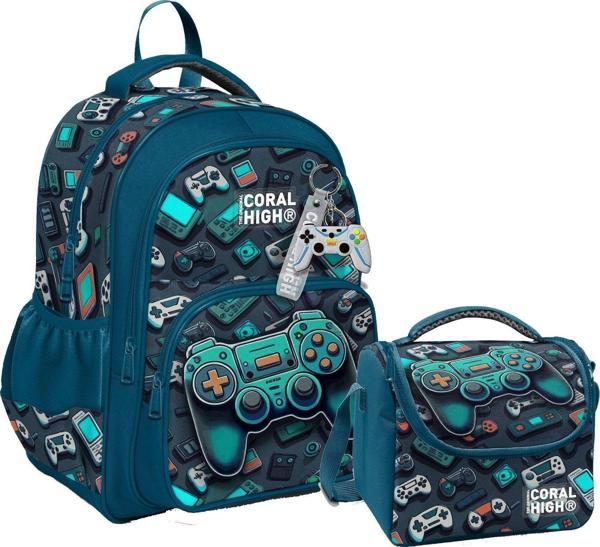 Coral High Erkek Çocuklara Özel İlkokul Çantası ve Beslenme Çantası Takım - Nefti Yeşil Oyun Konsolu - Image 1