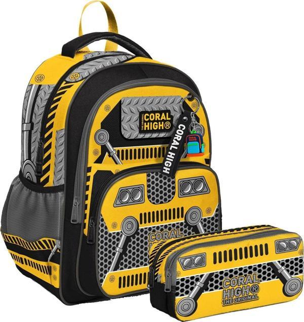 Coral High İlkokul Sırt Çantası ve İki Bölmeli Kalemlik - Erkek Çocuk - Siyah Sarı Robot - Image 1