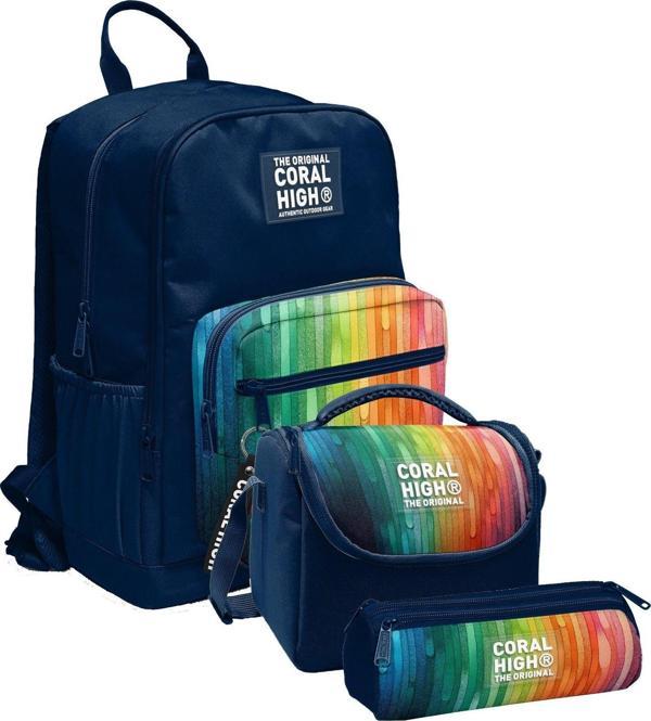 Coral High İlkokul ve Ortaokul Okul Çanta Üçlüsü - Erkek Çocuk, Lacivert Çok Renkli Çizgi Desenli - Image 1
