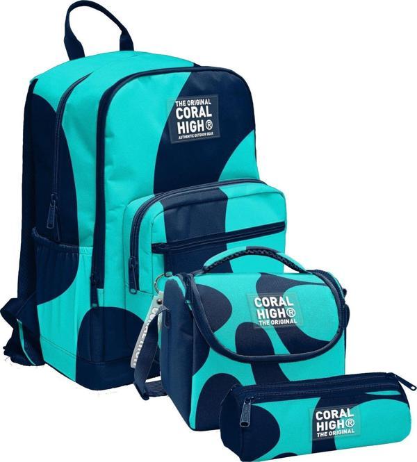Coral High İlkokul ve Ortaokul Okul Çanta Üçlüsü - Erkek Çocuk, Lacivert Turkuaz Renkli Çizgili - Image 1