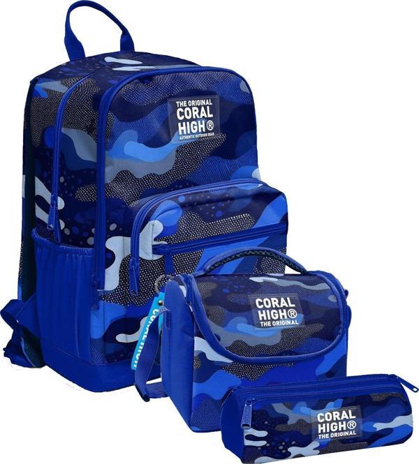 Coral High İlkokul ve Ortaokul Okul Çanta Üçlüsü - Erkek Çocuk, Mavi Lacivert Kamuflaj - Image 1