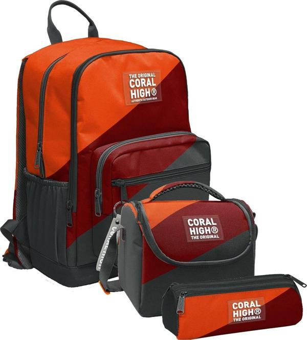 Coral High İlkokul ve Ortaokul Okul Çanta Üçlüsü - Erkek Çocuk, Turuncu Bordo Gri Renkli - Image 1