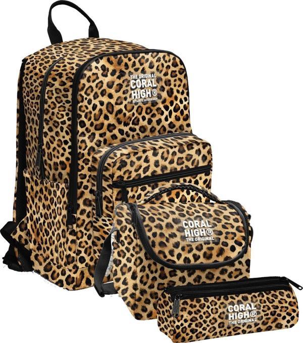 Coral High İlkokul ve Ortaokul Okul Çanta Üçlüsü - Kız Çocuk, Kahverengi Leopar - Image 1