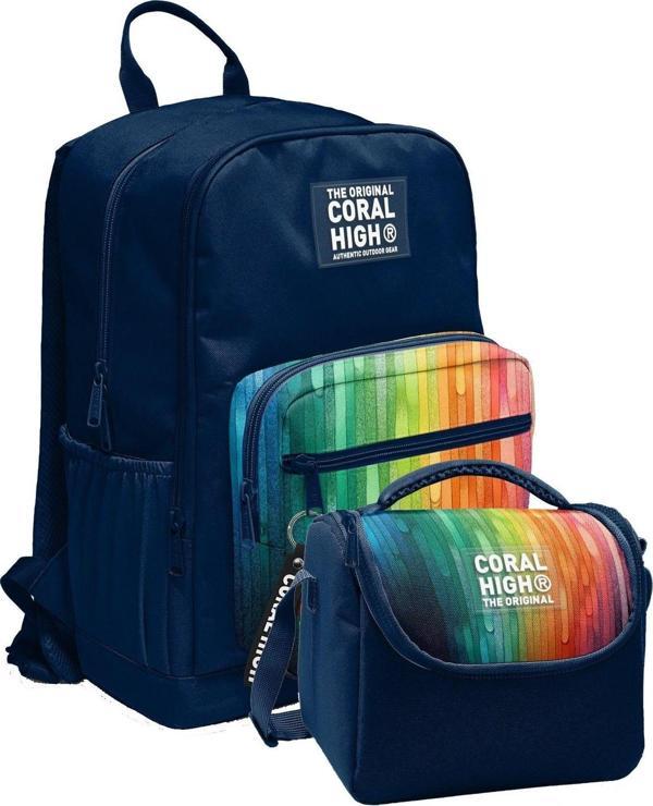 Coral High İlkokul ve Ortaokul Sırt Çantası ve Beslenme Seti - Erkek Çocuklar İçin Lacivert Çok Renkli Çizgi Desenli - Image 1