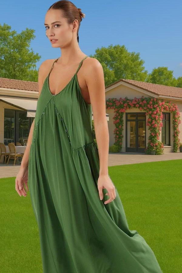 Maxi Dokuma Aksesuarlı Plaj Elbisesi V Yaka Yazlık Crinkle Özel Tasarım Günlük Kullanım İçin - Image 1