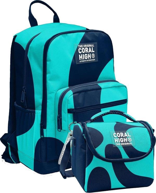Coral High İlkokul ve Ortaokul Sırt Çantası ve Beslenme Seti - Erkek Çocuklar İçin Lacivert Turkuaz Renkli Çizgili - Image 1
