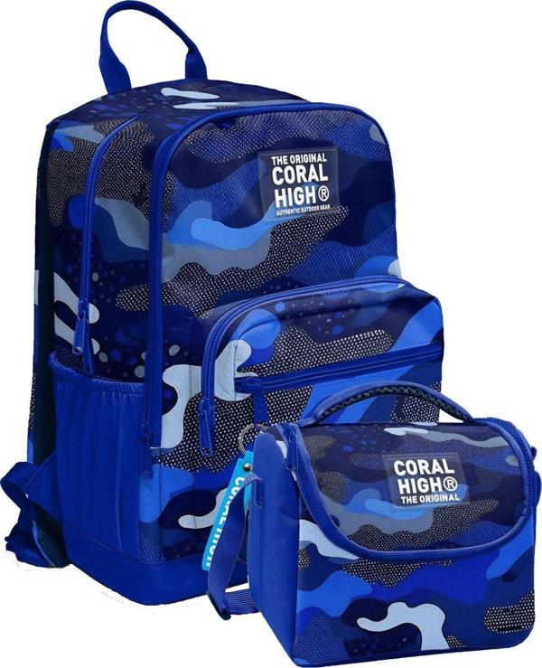 Coral High İlkokul ve Ortaokul Sırt Çantası ve Beslenme Seti - Erkek Çocuklar İçin Mavi Lacivert Kamuflaj - Image 1
