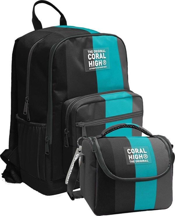 Coral High İlkokul ve Ortaokul Sırt Çantası ve Beslenme Seti - Erkek Çocuklar İçin Siyah Turkuaz Çizgili - Image 1