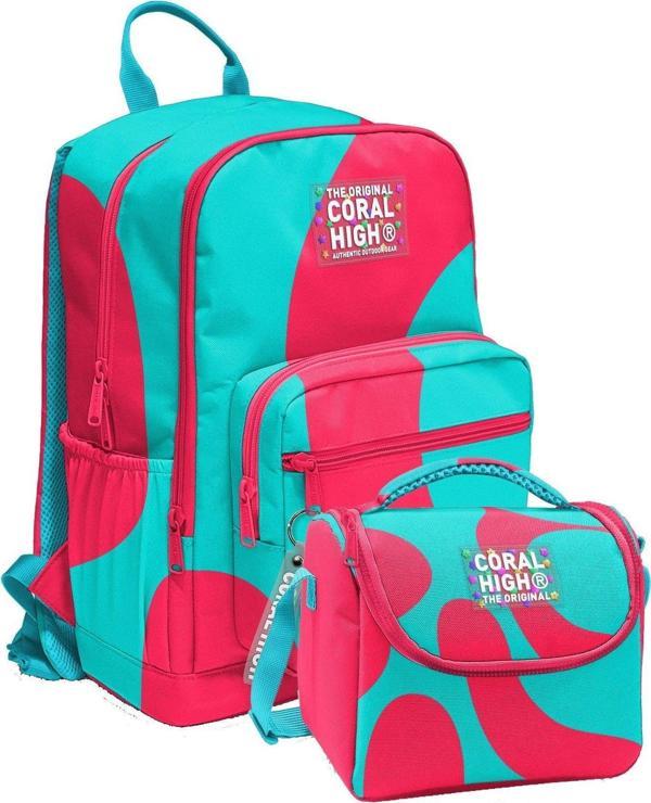 Coral High İlkokul ve Ortaokul Sırt Çantası ve Beslenme Seti - Kız Çocuklar İçin Kırmızı Turkuaz Renkli Çizgili - Image 1